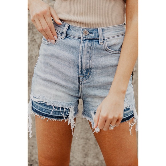 Pants - Light Blue Vintage Washed Raw Edge Jean Shorts